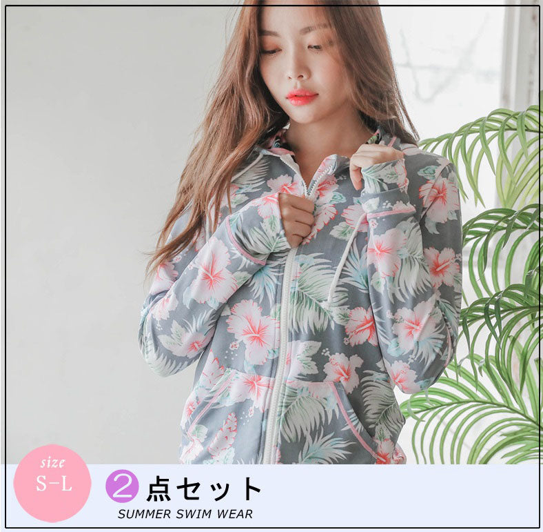花柄ラッシュガード付き水着2点セット(90022)