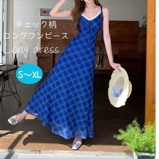 チェック柄ロングワンピース 春夏 リゾート 旅行 (10293)