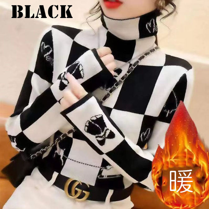 裏起毛タートルネックトップス チェック 総柄 上品 レディース(10310)