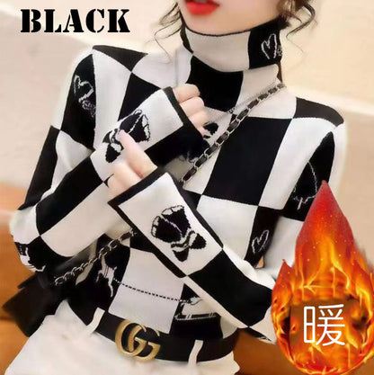 裏起毛タートルネックトップス チェック 総柄 上品 レディース(10310)