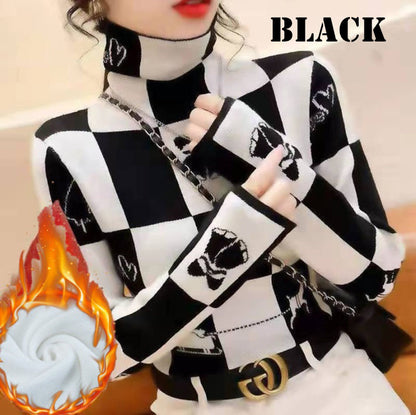 裏起毛タートルネックトップス チェック 総柄 上品 レディース(10310)