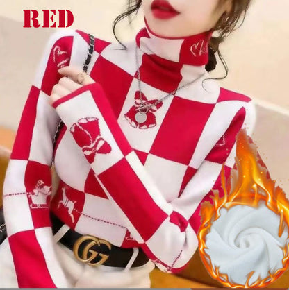 裏起毛タートルネックトップス チェック 総柄 上品 レディース(10310)